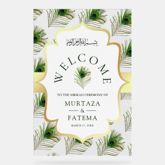 Peacock Feathers Muslim Wedding Welcome Acryl Bord (Voorkant)