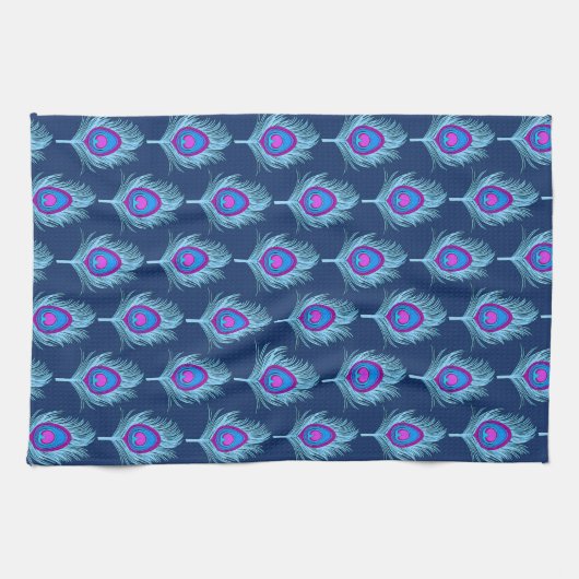 Peacock Feathers, Navy and Pastel Blue Theedoek (Horizontaal)
