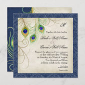 Peacock Feathers Navy Blue bruiloft uitnodiging (Voorkant / Achterkant)