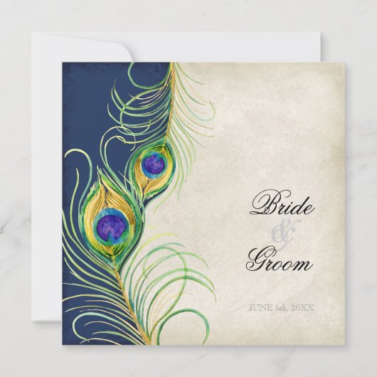 Peacock Feathers Navy Blue bruiloft uitnodiging (Achterkant)