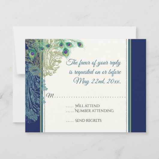 Peacock Feathers Navy Blue RSVP-respons RSVP Kaartje (Voorkant)