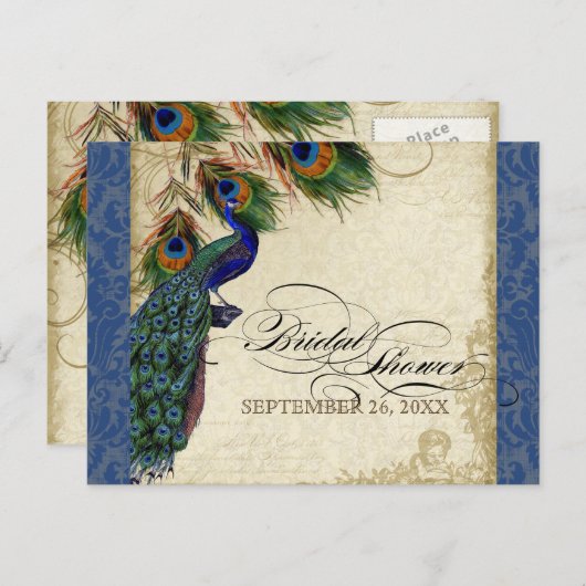 Peacock Feathers  Navy Blue Vrijgezellenfeest Uitnodiging Briefkaart (Voorkant / Achterkant)