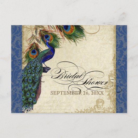 Peacock Feathers  Navy Blue Vrijgezellenfeest Uitnodiging Briefkaart (Voorkant)