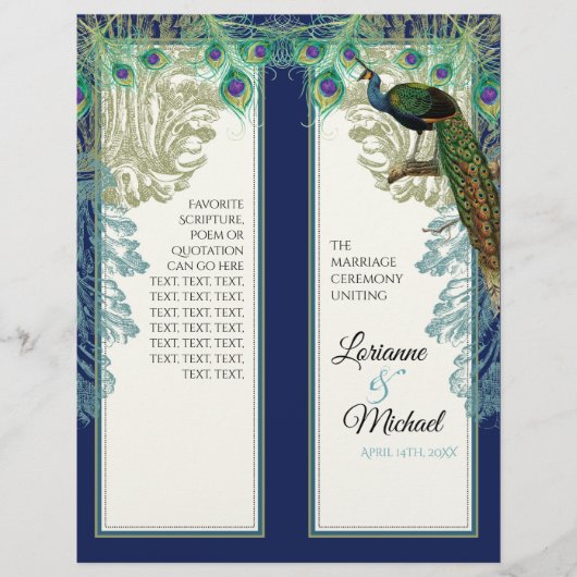 Peacock Feathers Navy Blue Wedding Programme (Voorkant)