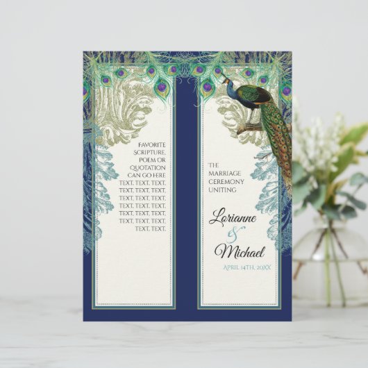 Peacock Feathers Navy Blue Wedding Programme (Staand voorkant)