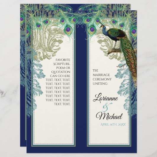 Peacock Feathers Navy Blue Wedding Programme (Voorkant / Achterkant)