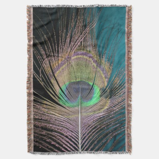 Peacock Feathers op zwarte en turquoise Deken (Voorkant Verticaal)