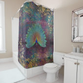  Peacock Feathers Paars Blauwgroen Gold Scroll Douchegordijn (In situ)