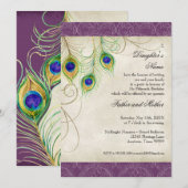 Peacock Feathers Paars Damask Quinceanera Party Kaart (Voorkant / Achterkant)