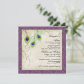 Peacock Feathers Paars Damask Quinceanera Party Kaart (Staand voorkant)
