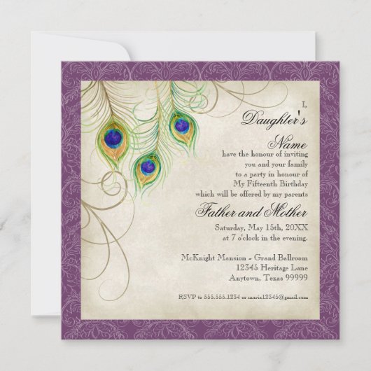 Peacock Feathers Paars Damask Quinceanera Party Kaart (Voorkant)
