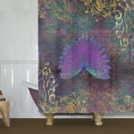 Peacock Feathers Paars Gold Foil Swirls Douchegordijn