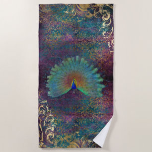 Peacock Feathers Paarse Blauwgroen Vintage Gold Sc Strandlaken