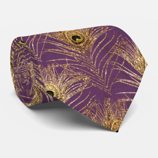 Peacock Feathers Paarse Gold Stropdas Necktie (Opgerold)