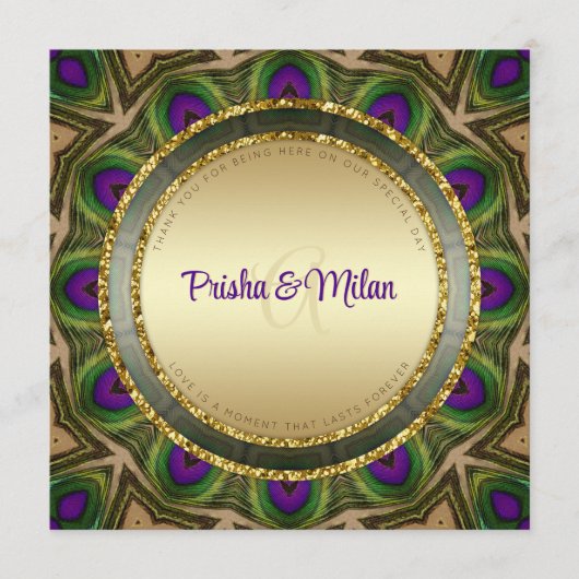 Peacock Feathers Paarse Green Gold Indian Wedding Programmakaart (Voorkant)