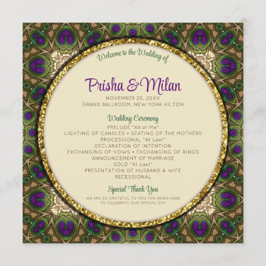 Peacock Feathers Paarse Green Gold Indian Wedding Programmakaart (Achterkant)