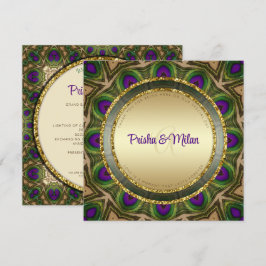 Peacock Feathers Paarse Green Gold Indian Wedding Programmakaart