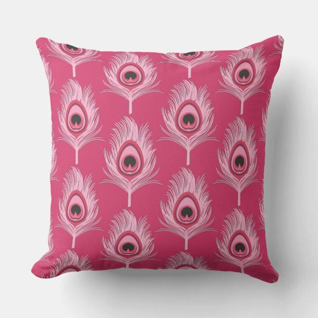 Peacock Feathers, Pastel Roze op Fuchsia Pink Buitenkussen (Voorkant)
