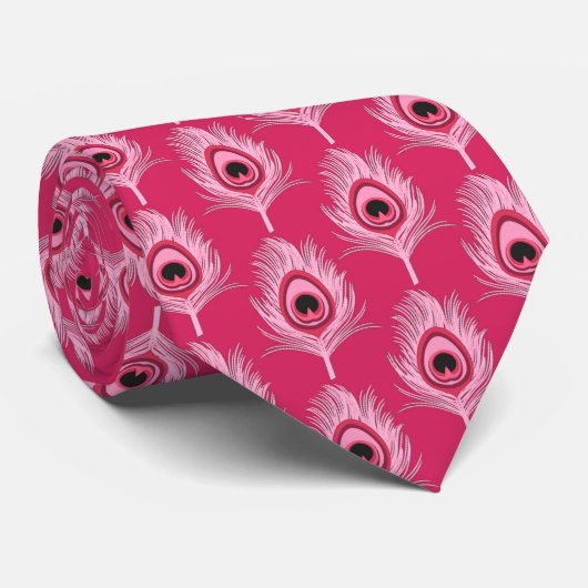 Peacock Feathers, Pastel Roze op Fuchsia Pink Stropdas (Opgerold)