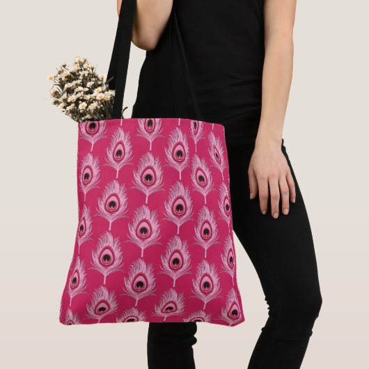 Peacock Feathers, Pastel Roze op Fuchsia Pink Tote Bag (Dichtbij)