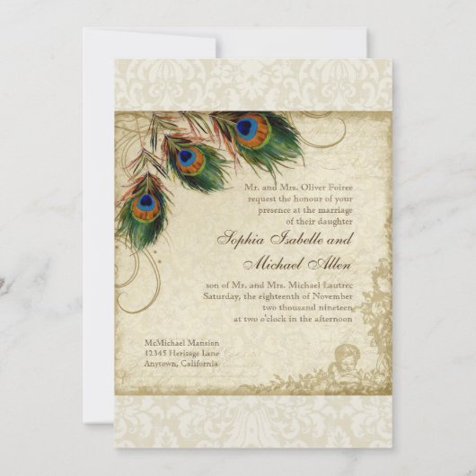 Peacock & Feathers Plechtige bruiloft Noite Cream Kaart (Achterkant)