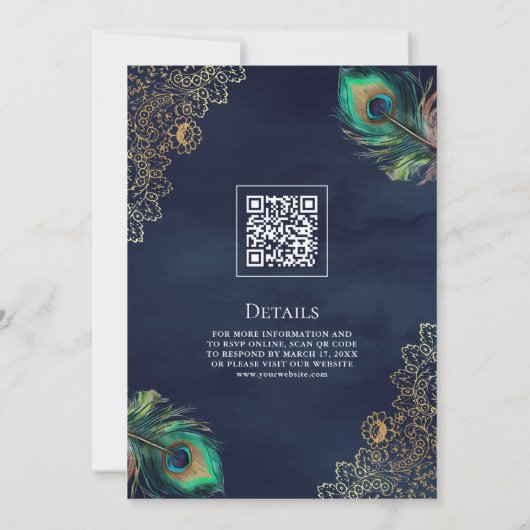 Peacock Feathers QR Code Marine Blauw Moslim Bruil Kaart (Achterkant)