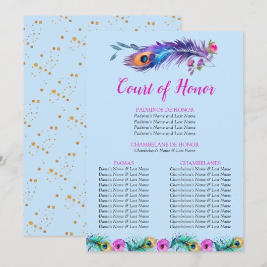 Peacock Feathers Quinceañera Hof van Eer Blauw Programmakaart (Voorkant / Achterkant)