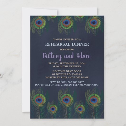Peacock Feathers Rehearsal Dinner Invitations Kaart (Voorkant)