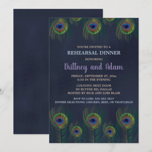 Peacock Feathers Rehearsal Dinner Invitations Kaart (Voorkant / Achterkant)