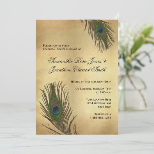  Peacock Feathers Rehearsal Dinner Kaart (Staand voorkant)