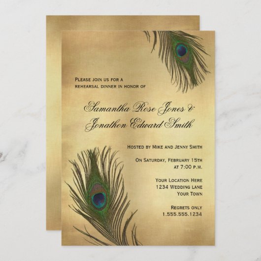 Peacock Feathers Rehearsal Dinner Kaart (Voorkant / Achterkant)