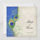 Peacock Feathers Royal Blue Wedding Invitation Kaart (Achterkant)