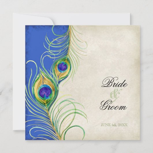 Peacock Feathers Royal Blue Wedding Invitation Kaart (Achterkant)