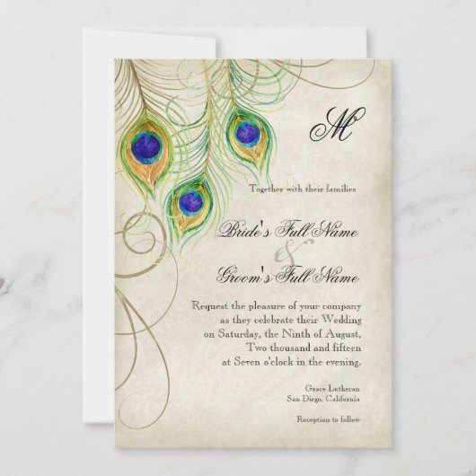 Peacock Feathers Royal Blue Wedding Invitation Kaart (Voorkant)