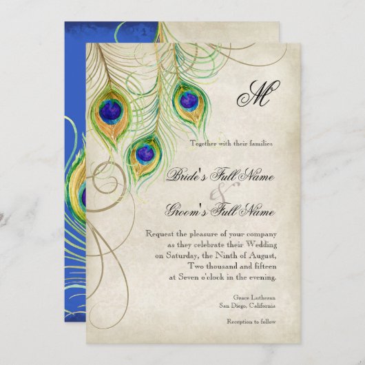 Peacock Feathers Royal Blue Wedding Invitation Kaart (Voorkant / Achterkant)