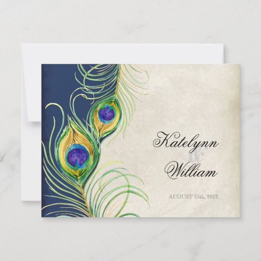 Peacock Feathers Royal Blue Wedding Invitation Kaart (Achterkant)