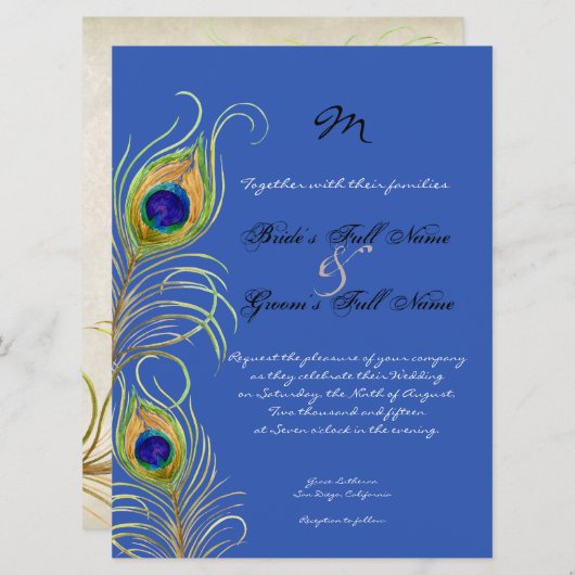 Peacock Feathers Royal Cobalt Blue bruiloft uitnod Kaart (Voorkant / Achterkant)