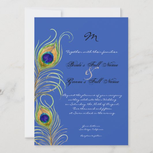 Peacock Feathers Royal Cobalt Blue bruiloft uitnod Kaart (Voorkant)