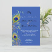 Peacock Feathers Royal Cobalt Blue bruiloft uitnod Kaart (Staand voorkant)