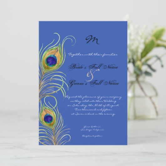 Peacock Feathers Royal Cobalt Blue bruiloft uitnod Kaart (Staand voorkant)
