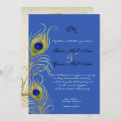 Peacock Feathers Royal Cobalt Blue bruiloft uitnod Kaart (Voorkant / Achterkant)