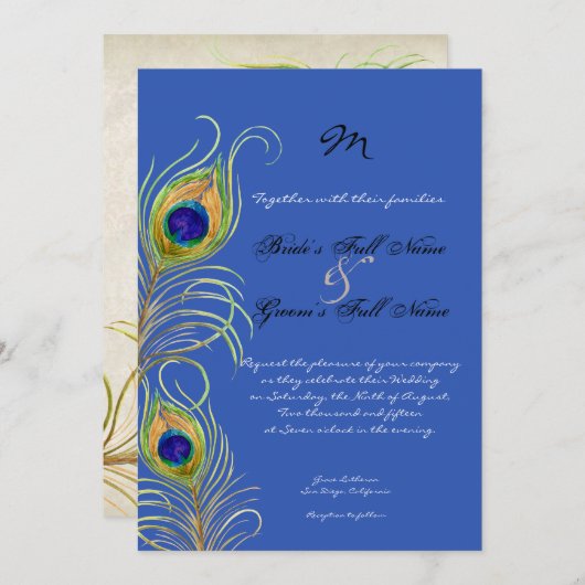 Peacock Feathers Royal Cobalt Blue bruiloft uitnod Kaart (Voorkant / Achterkant)