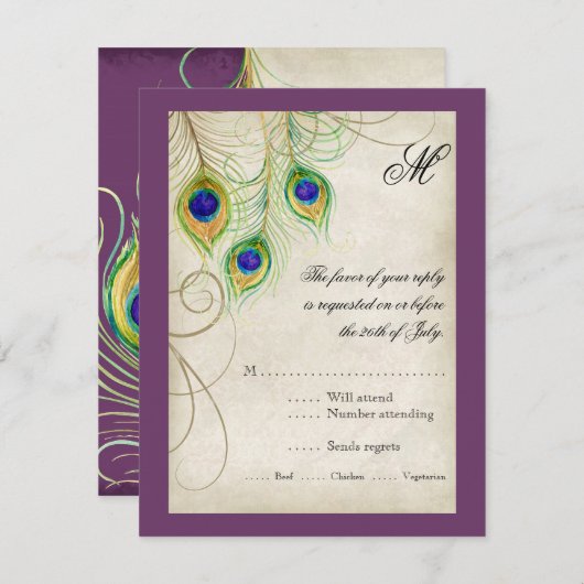 Peacock Feathers RSVP-reactiekaart RSVP Kaartje (Voorkant / Achterkant)