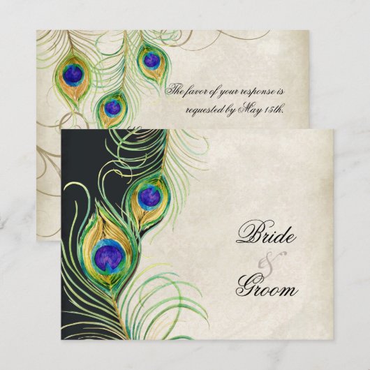 Peacock Feathers RSVP-responskaarten RSVP Kaartje (Voorkant / Achterkant)