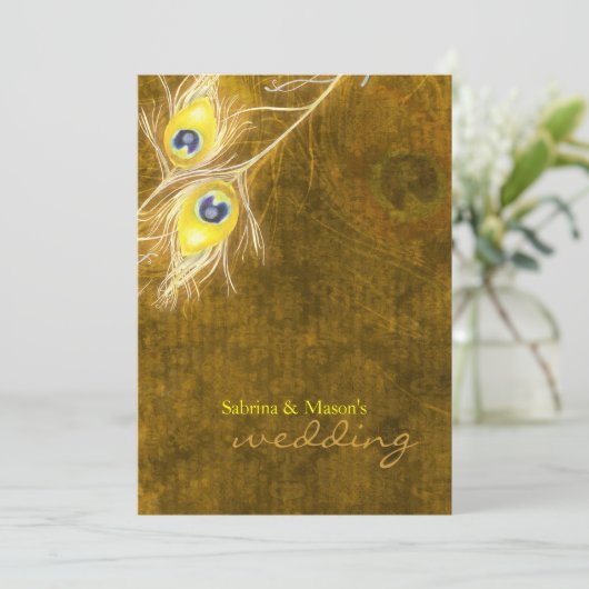 Peacock Feathers Rustic Herfst Bruin Wedding Kaart (Staand voorkant)