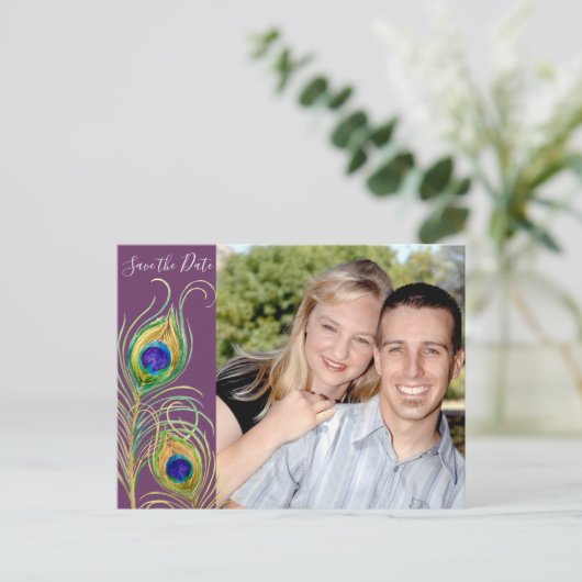 Peacock Feathers sparen de Datum uitnodigen Kaarte Aankondigingskaart (Staand voorkant)