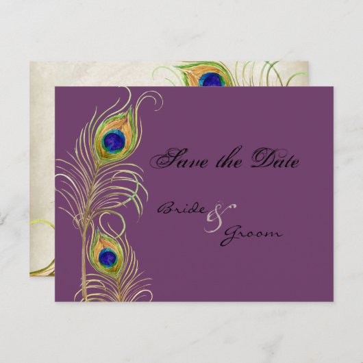 Peacock Feathers sparen de Datum uitnodigen Kaarte Save The Date (Voorkant / Achterkant)