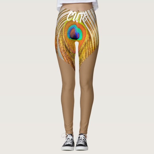 Peacock Feathers Stijlvolle Bruine Leggings Sjablo (Voorkant)