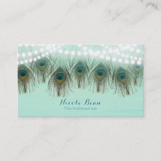 Peacock Feathers & String Lights Rustic Elegant Visitekaartje (Voorkant)