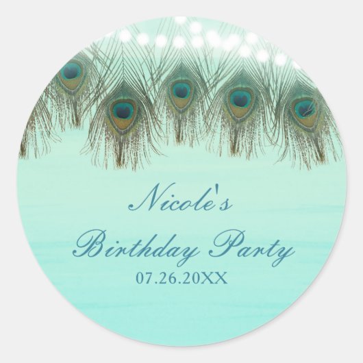 Peacock Feathers & String Lights Rustic Party Ronde Sticker (Voorkant)